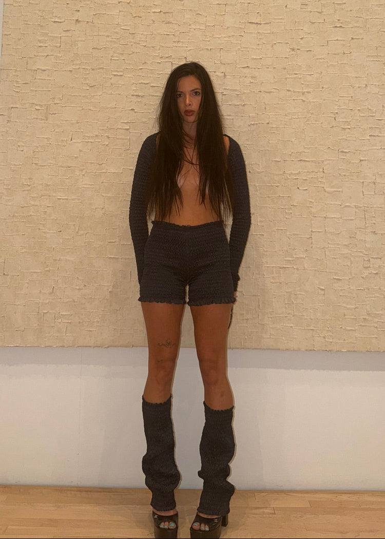 model wearing onyx magic shorts